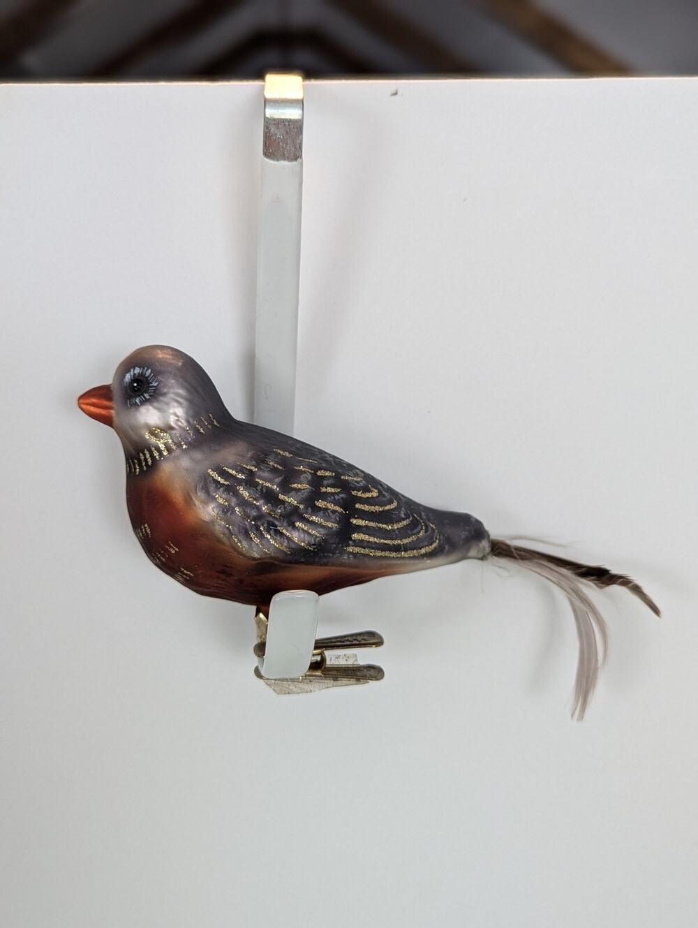 Glass Bird Clip On Ornament 1999 Roman, Inc. Blue Orange Gold Glitter Holiday